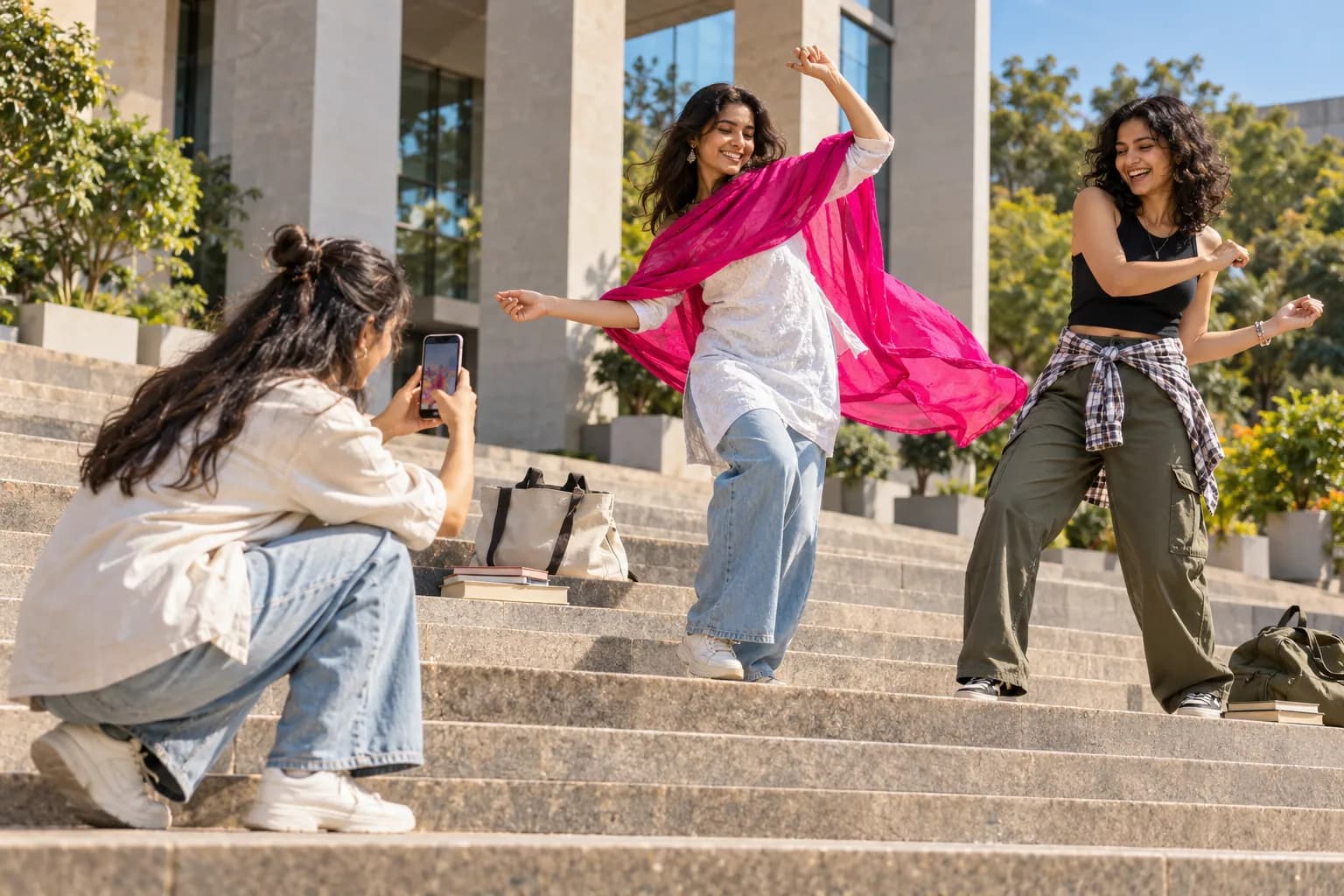 College students film a dance reel on campus steps