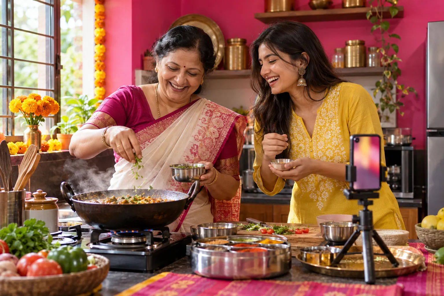 A mother and daughter film a cooking reel in their kitchen
