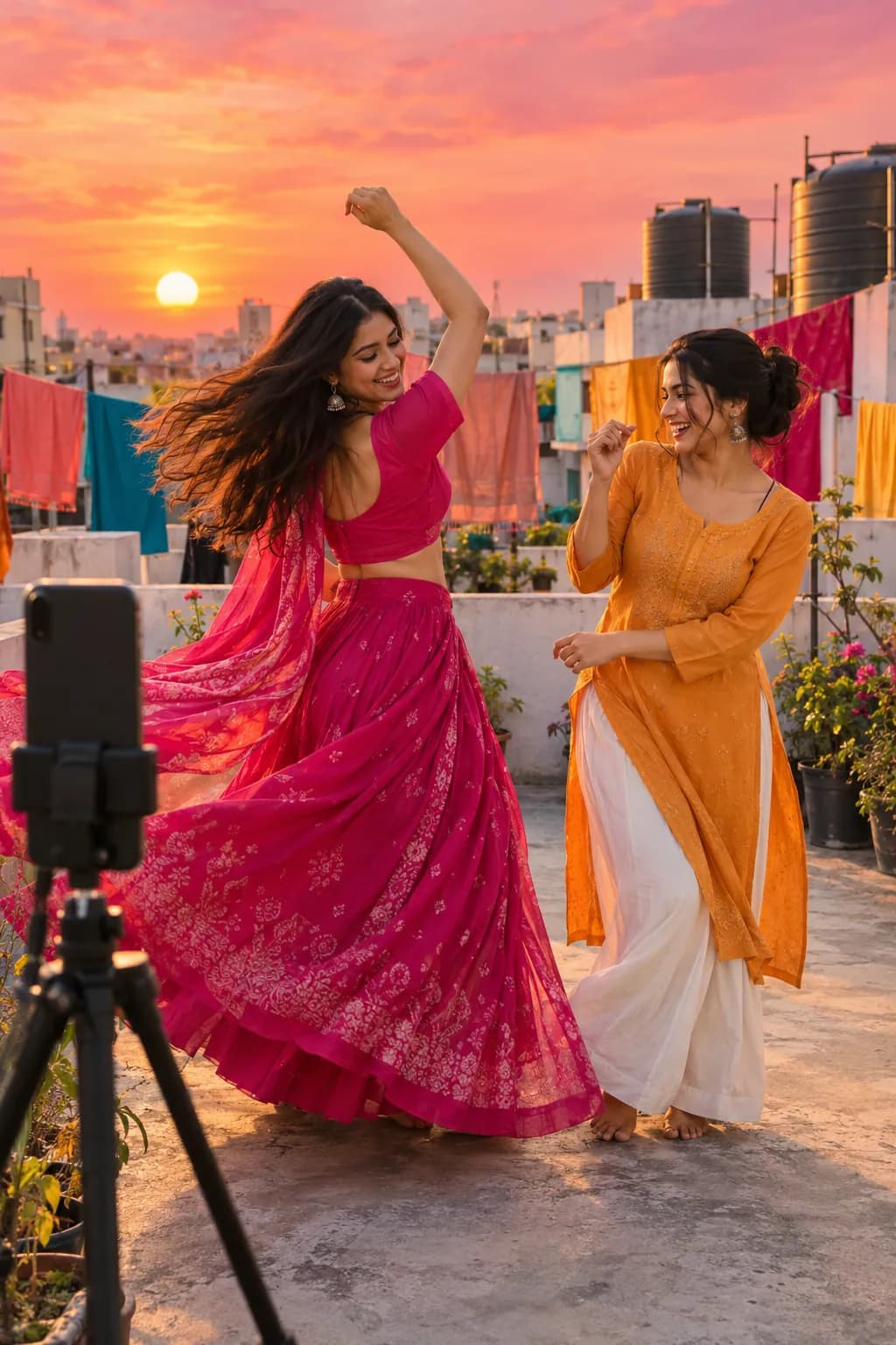 Two friends dance for a reel on a city rooftop at sunset