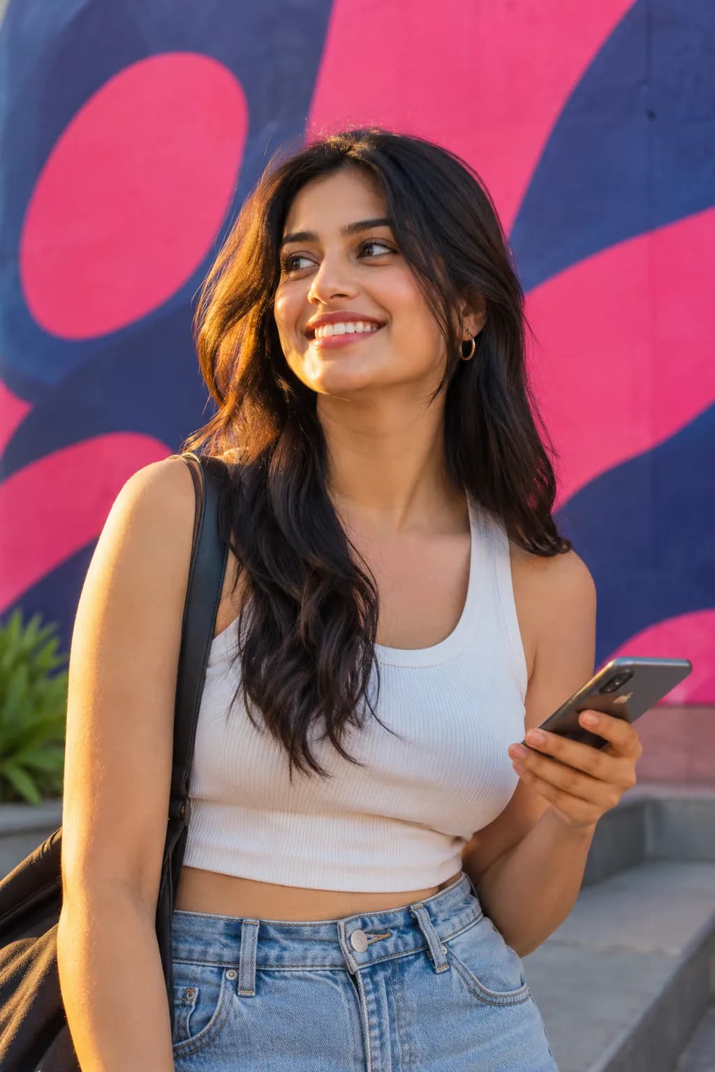 A creator smiles outdoors holding her phone